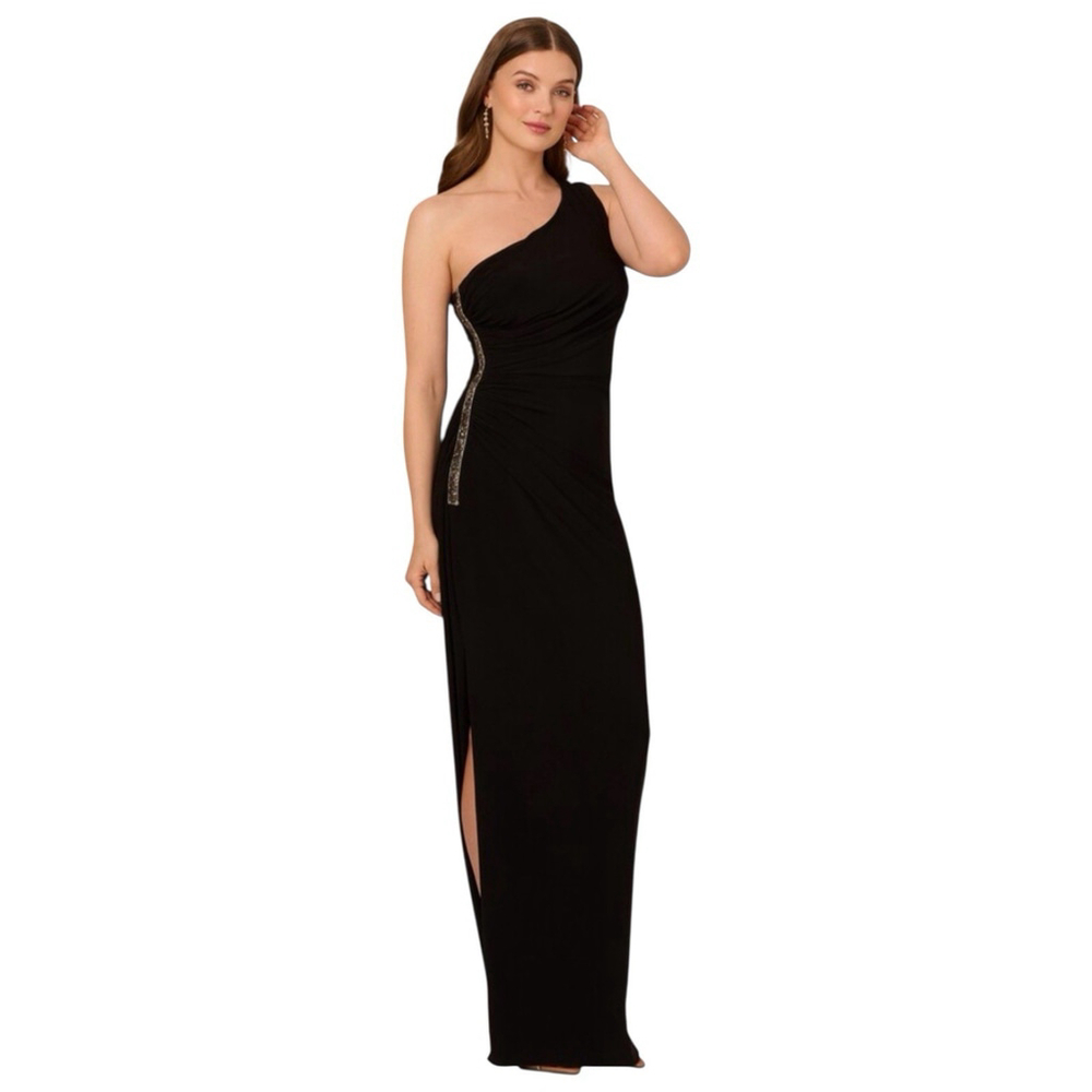 ADRIANNA PAPELL One Shoulder Side Embellished Jersey Stretch Gown Black Size 4